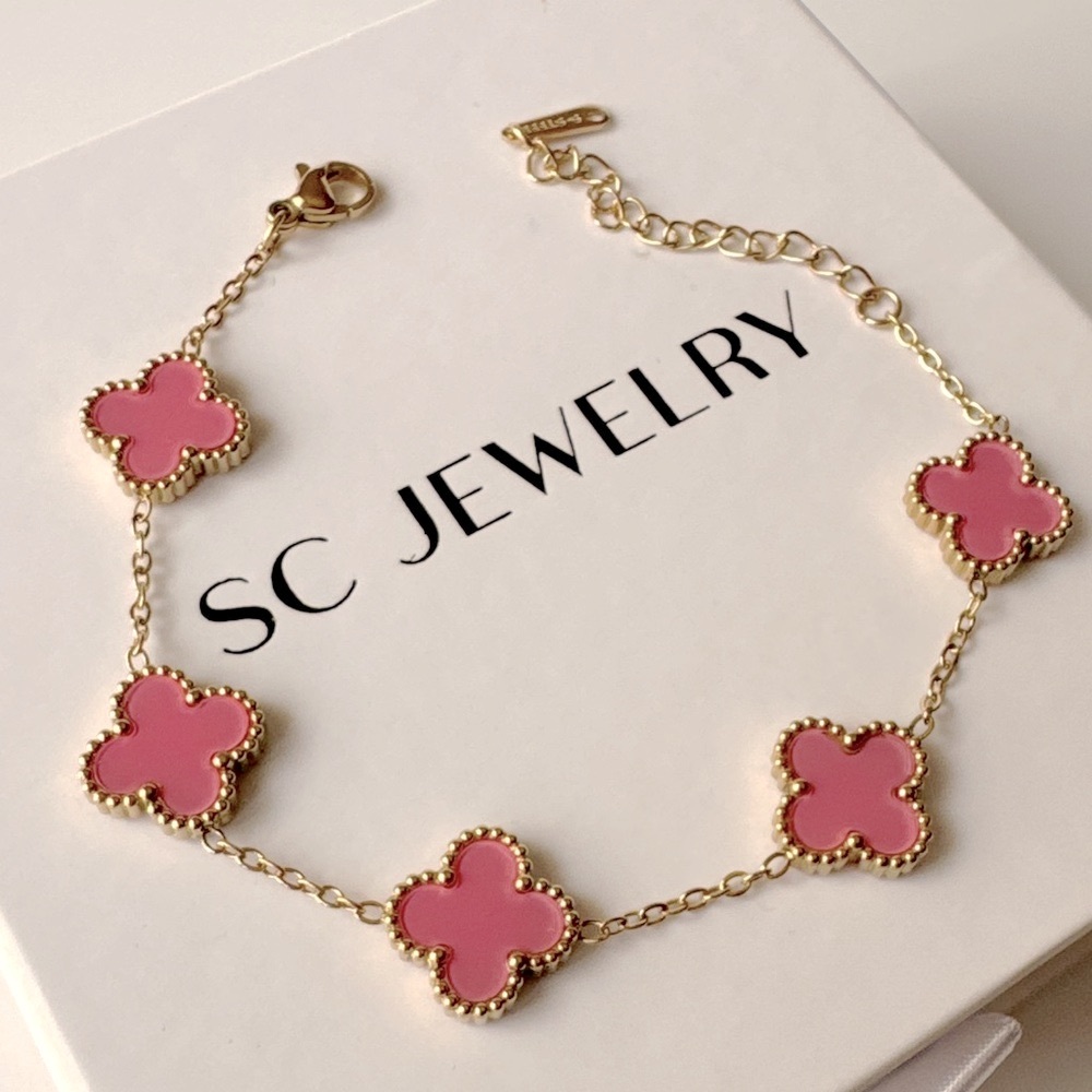 Pale Pink Clover Bracelet Gold Tone Chain Stainless Steel